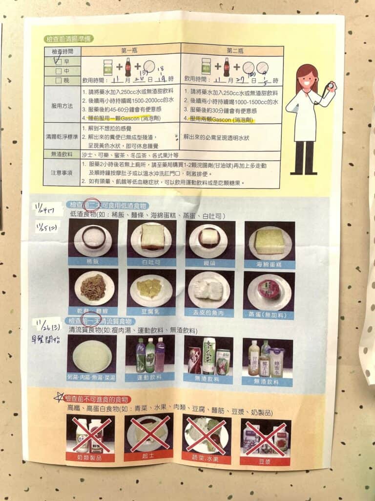 大腸鏡檢查前清腸準備清腸藥服用時間點、低渣食物與清流質食物