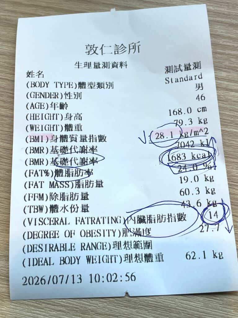 敦仁減重門診初診會量測生理資料，並由營養師說明每一個數字代表的狀況。