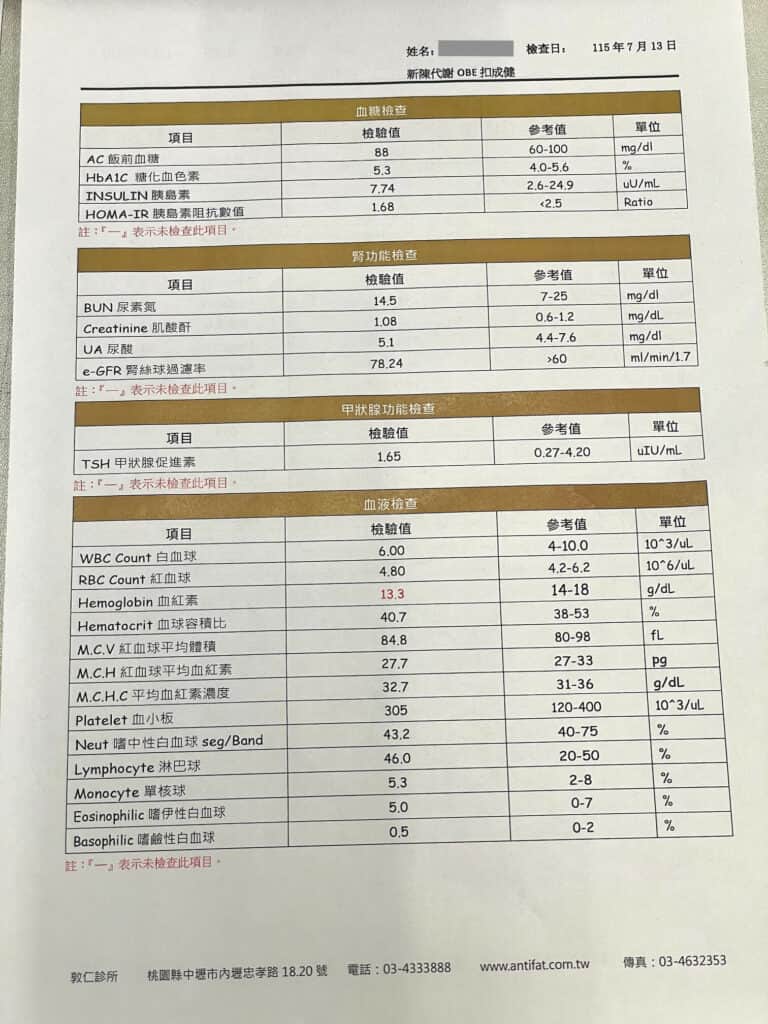 敦仁診所減重門診量測－血糖檢查、腎功能檢查、甲狀腺功能以及血液檢查